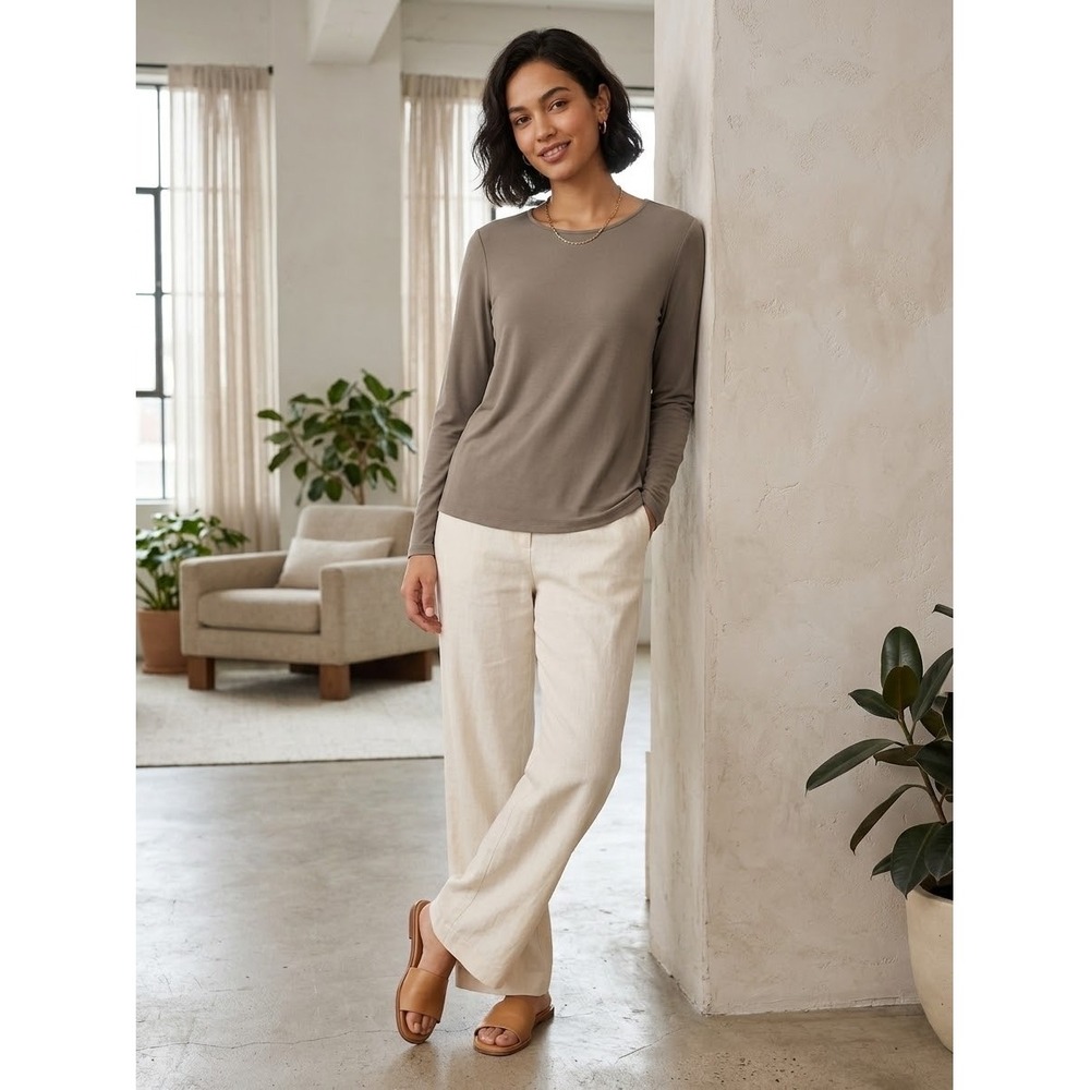 Eileen Fisher Petite PS 100% Silk Jersey Long Sleeve Top Taupe Brown R1GK-2